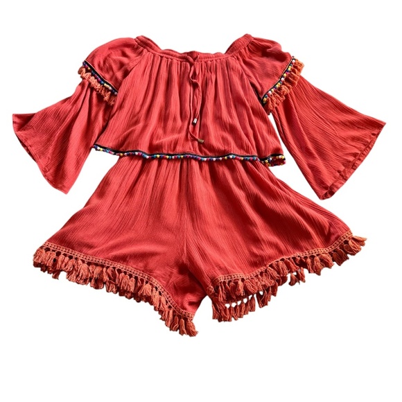 Selfie Leslie Pants - Selfie Leslie Red Romper‎ Off Shoulder Tassels Size Small Boho
